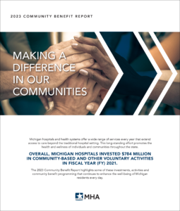 Cover of the 2023 MHA Community Benefits Report, with hands of multiple ethnicities holding eachother